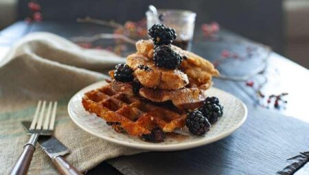 Spicy Gluten-Free Chicken and Cheddar Waffles with Blackberry-Maple Syrup